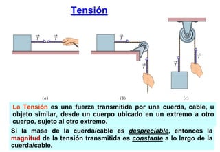 Tensión




La Tensión es una fuerza transmitida por una cuerda, cable, u
objeto similar, desde un cuerpo ubicado en un extremo a otro
cuerpo, sujeto al otro extremo.
Si la masa de la cuerda/cable es despreciable, entonces la
magnitud de la tensión transmitida es constante a lo largo de la
cuerda/cable.
 
