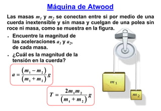 Máquina de Atwood
Las masas m1 y m2 se conectan entre si por medio de una
cuerda inextensible y sin masa y cuelgan de una polea sin
roce ni masa, como se muestra en la figura.
● Encuentre la magnitud de
  las aceleraciones a1 y a2,
  de cada masa.
● ¿Cuál es la magnitud de la
  tensión en la cuerda?

 a=
    ( m1 − m 2 ) g
    ( m1 + m 2 )
                       2m 1 m 2
                 T =              g
                     ( m1 + m 2 )
 