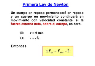 Primera Ley de Newton
Un cuerpo en reposo permanecerá en reposo
y un cuerpo en movimiento continuará en
movimiento con velocidad constante, si la
fuerza externa neta, sobre el cuerpo, es cero.

     Si:    v = 0 m/s
     O:     v = cte .

Entonces:
                        Σ Fext = Fneta = 0
 