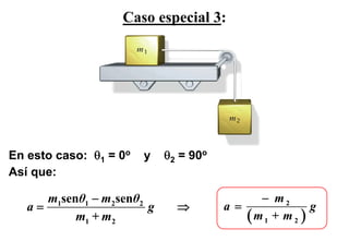 Caso especial 3:




En esto caso: θ1 = 0o   y   θ2 = 90o
Así que:

      m1senθ1 − m2senθ2                     − m2
   a=                   g     ⇒        a=             g
           m1 + m2                        (m1 + m 2 )
 