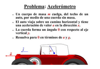 Problema: Acelerómetro
    ●   Un cuerpo de masa m cuelga, del techo de un
        auto, por medio de una cuerda sin masa.
    ●   El auto viaja sobre un camino horizontal y tiene
        una aceleración de valor a en la dirección x.
    ●   La cuerda forma un ángulo θ con respecto al eje
        vertical y.
    ●   Resuelva para θ en términos de a y g.


            iˆ                θ
a
 