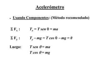Acelerómetro

●   Usando Componentes: (Método recomendado)

Σ Fx :      Tx = T sen θ = ma

Σ Fy :      Ty − mg = T cos θ − mg = 0

Luego:      T sen θ = ma
            T cos θ = mg
 