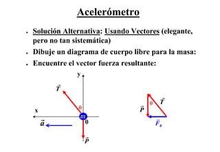 Acelerómetro
●   Solución Alternativa: Usando Vectores (elegante,
    pero no tan sistemática)
●   Dibuje un diagrama de cuerpo libre para la masa:
●   Encuentre el vector fuerza resultante:
                 y

            T

                                       θ    T
                 θ                 P
    x
                 m
        a            0                     FR

                     P
 