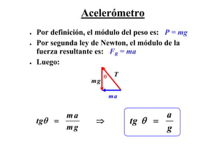 Acelerómetro
●   Por definición, el módulo del peso es: P = mg
●   Por segunda ley de Newton, el módulo de la
    fuerza resultante es: FR = ma
●   Luego:
                         θ    T
                    mg

                             ma


          ma                             a
    tgθ =            ⇒            tg θ =
          mg                             g
 