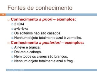 Fontes de conhecimento
18



Conhecimento a priori – exemplos:
 2+2=4
 a+b=b+a
 Os

solteiros não são casados.
 Nenhum objeto totalmente azul é vermelho.


Conhecimento a posteriori – exemplos:
A

neve é branca.
 Dói-me a cabeça.
 Nem todos os cisnes são brancos.
 Nenhum objeto totalmente azul é frágil.
António Padrão | ESAS

 