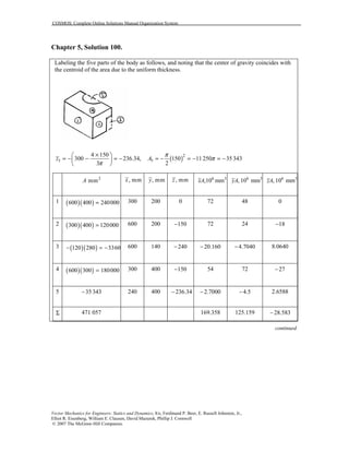 COSMOS: Complete Online Solutions Manual Organization System
Vector Mechanics for Engineers: Statics and Dynamics, 8/e, Ferdinand P. Beer, E. Russell Johnston, Jr.,
Elliot R. Eisenberg, William E. Clausen, David Mazurek, Phillip J. Cornwell
© 2007 The McGraw-Hill Companies.
Chapter 5, Solution 100.
Labeling the five parts of the body as follows, and noting that the center of gravity coincides with
the centroid of the area due to the uniform thickness.
5
4 150
300 236.34,
3
z
π
× 
= − − = − 
 
( )2
5 150 11250 35 343
2
A
π
π= − = − = −
2
mmA , mmx , mmy , mmz 36
,10 mmxA 6 3
, 10 mmyA 6 3
, 10 mmzA
1 ( )( )600 400 240000= 300 200 0 72 48 0
2 ( )( )300 400 120000= 600 200 150− 72 24 18−
3 ( )( )120 280 3360− = − 600 140 240− 20.160− 4.7040− 8.0640
4 ( )( )600 300 180000= 300 400 150− 54 72 27−
5 35 343− 240 400 236.34− 2.7000− 4.5− 2.6588
Σ 471 057 169.358 125.159 28.583−
continued
 