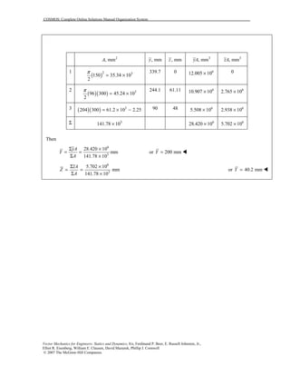 COSMOS: Complete Online Solutions Manual Organization System
Vector Mechanics for Engineers: Statics and Dynamics, 8/e, Ferdinand P. Beer, E. Russell Johnston, Jr.,
Elliot R. Eisenberg, William E. Clausen, David Mazurek, Phillip J. Cornwell
© 2007 The McGraw-Hill Companies.
2
, mmA , mmy , mmz 3
, mmyA 3
, mmzA
1
( )2 3
150 35.34 10
2
π
= ×
339.7 0 6
12.005 10× 0
2
( )( ) 3
96 300 45.24 10
2
π
= ×
244.1 61.11 6
10.907 10× 6
2.765 10×
3 ( )( ) 3
204 300 61.2 10 2.25= × − 90 48 6
5.508 10× 6
2.938 10×
Σ 3
141.78 10× 6
28.420 10× 6
5.702 10×
Then
6
3
28.420 10
mm
141.78 10
yA
Y
A
Σ ×
= =
Σ ×
or 200 mmY = !
6
3
5.702 10
mm
141.78 10
zA
Z
A
Σ ×
= =
Σ ×
or 40.2 mmY = !
 