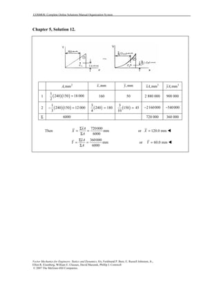 COSMOS: Complete Online Solutions Manual Organization System
Vector Mechanics for Engineers: Statics and Dynamics, 8/e, Ferdinand P. Beer, E. Russell Johnston, Jr.,
Elliot R. Eisenberg, William E. Clausen, David Mazurek, Phillip J. Cornwell
© 2007 The McGraw-Hill Companies.
Chapter 5, Solution 12.
2
,mmA ,mmx ,mmy 3
,mmxA 3
,mmyA
1 ( )( )
1
240 150 18 000
2
= 160 50 2 880 000 900 000
2 ( )( )
1
240 150 12 000
3
− = ( )
3
240 180
4
= ( )
3
150 45
10
= 2160000− 540000−
Σ 6000 720 000 360 000
Then
720000
mm
6000
xA
X
A
Σ
= =
Σ
or 120.0 mmX =
360000
mm
6000
yA
Y
A
Σ
= =
Σ
or 60.0 mmY =
 