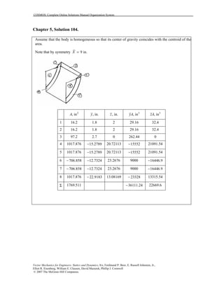 COSMOS: Complete Online Solutions Manual Organization System
Vector Mechanics for Engineers: Statics and Dynamics, 8/e, Ferdinand P. Beer, E. Russell Johnston, Jr.,
Elliot R. Eisenberg, William E. Clausen, David Mazurek, Phillip J. Cornwell
© 2007 The McGraw-Hill Companies.
Chapter 5, Solution 104.
Assume that the body is homogeneous so that its center of gravity coincides with the centroid of the
area.
Note that by symmetry 9 in.X =
2
, inA , in.y , in.z 3
, inyA 3
, inzA
1 16.2 1.8 2 29.16 32.4
2 16.2 1.8 2 29.16 32.4
3 97.2 2.7 0 262.44 0
4 1017.876 15.2789− 20.72113 15552− 21091.54
5 1017.876 15.2789− 20.72113 15552− 21091.54
6 706.858− 12.7324− 23.2676 9000 16446.9−
7 706.858− 12.7324− 23.2676 9000 16446.9−
8 1017.876 22.9183− 13.08169 23328− 13315.54
Σ 1769.511 36111.24− 22669.6
 