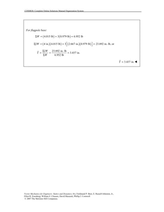 COSMOS: Complete Online Solutions Manual Organization System
Vector Mechanics for Engineers: Statics and Dynamics, 8/e, Ferdinand P. Beer, E. Russell Johnston, Jr.,
Elliot R. Eisenberg, William E. Clausen, David Mazurek, Phillip J. Cornwell
© 2007 The McGraw-Hill Companies.
For flagpole base:
( ) ( )4.015 lb 3 0.979 lb 6.952 lbWΣ = + =
( )( ) ( )( )4 in. 4.015 lb 3 2.667 in. 0.979 lb 23.892 in. lb, oryW ⎡ ⎤Σ = + = ⋅⎣ ⎦
23.892 in. lb
3.437 in.
6.952 lb
yW
Y
W
Σ ⋅
= = =
Σ
3.437 in.Y = !
 