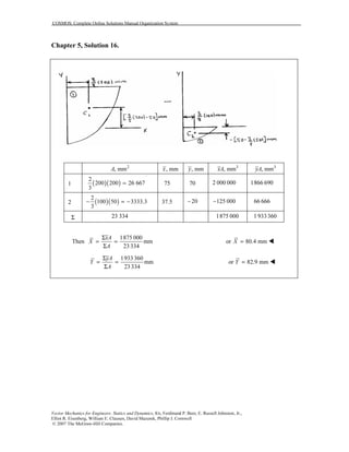 COSMOS: Complete Online Solutions Manual Organization System
Vector Mechanics for Engineers: Statics and Dynamics, 8/e, Ferdinand P. Beer, E. Russell Johnston, Jr.,
Elliot R. Eisenberg, William E. Clausen, David Mazurek, Phillip J. Cornwell
© 2007 The McGraw-Hill Companies.
Chapter 5, Solution 16.

2
, mmA , mmx , mmy 3
, mmxA 3
, mmyA
1 ( )( )
2
200 200 26 667
3
= 75 70 2 000 000 1866 690
2 ( )( )
2
100 50 3333.3
3
− = − 37.5 20− 125 000− 66 666
Σ 23 334 1875 000 1 933360
Then
1875 000
mm
23334
xA
X
A
Σ
= =
Σ
or 80.4 mmX =
1933360
mm
23334
yA
Y
A
Σ
= =
Σ
or 82.9 mmY =
 
