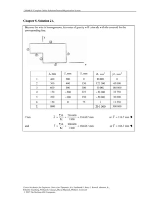 COSMOS: Complete Online Solutions Manual Organization System
Vector Mechanics for Engineers: Statics and Dynamics, 8/e, Ferdinand P. Beer, E. Russell Johnston, Jr.,
Elliot R. Eisenberg, William E. Clausen, David Mazurek, Phillip J. Cornwell
© 2007 The McGraw-Hill Companies.
Chapter 5, Solution 21.
Because the wire is homogeneous, its center of gravity will coincide with the centroid for the
corresponding line.
, mmL , mmx , mmy 2
, mmxL 2
, mmyL
1 400 200 0 80 000 0
2 300 400 150 120 000 45 000
3 600 100 300 60 000 180 000
4 150 200− 225 30 000− 33 750
5 200 100− 150 20 000− 30 000
6 150 0 75 0 11 250
Σ 1800 210 000 300 000
Then
210 000
116.667 mm
1800
xL
X
L
Σ
= = =
Σ
or 116.7 mmX =
and
300 000
166.667 mm
1800
yL
Y
L
Σ
= = =
Σ
or 166.7 mmY =
 