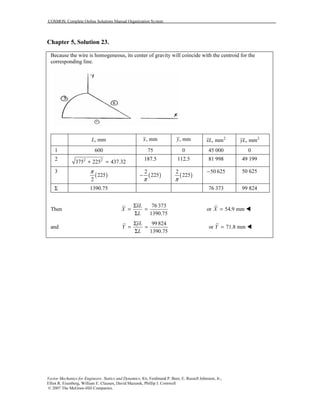 COSMOS: Complete Online Solutions Manual Organization System
Vector Mechanics for Engineers: Statics and Dynamics, 8/e, Ferdinand P. Beer, E. Russell Johnston, Jr.,
Elliot R. Eisenberg, William E. Clausen, David Mazurek, Phillip J. Cornwell
© 2007 The McGraw-Hill Companies.
Chapter 5, Solution 23.
Because the wire is homogeneous, its center of gravity will coincide with the centroid for the
corresponding line.
, mmL , mmx , mmy 2
, mmxL 2
, mmyL
1 600 75 0 45 000 0
2 2 2
375 225 437.32+ =
187.5 112.5 81 998 49 199
3
( )225
2
π
( )
2
225
π
− ( )
2
225
π
50 625− 50 625
Σ 1390.75 76 373 99 824
Then
76 373
1390.75
xL
X
L
Σ
= =
Σ
or 54.9 mmX =
and
99 824
1390.75
yL
Y
L
Σ
= =
Σ
or 71.8 mmY =
 