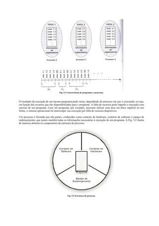 Fig. 5.1 Concorrência de programas e processos.



O resultado da execução de um mesmo programa pode variar, dependendo do processo em que é executado, ou seja,
em função dos recursos que são disponibilizados para o programa. A falta de recursos pode impedir a execução com
sucesso de um programa. Caso um programa, por exemplo, necessite utilizar uma área em disco superior ao seu
limite, o sistema operacional irá interromper sua execução por falta de recursos disponíveis.

Um processo é formado por três partes, conhecidas como contexto de hardware, contexto de software e espaço de
endereçamento, que juntos mantêm todas as informações necessárias à execução de um programa. A Fig. 5.2 ilustra
de maneira abstrata os componentes da estrutura do processo.




                                    Contexto de                     Contexto de
                                     Software                        Hardware




                                                     P ograma
                                                      r

                                                    Espaço de
                                                  Endereçamento




                                            Fig. 5.2 Estrutura do processo.
 