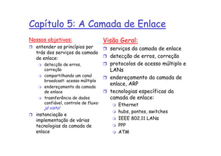 Capítulo 5: A Camada de Enlace
Nossos objetivos:                     Visão Geral:
  entender os princípios por            serviços da camada de enlace
  trás dos serviços da camada
  de enlace:                            detecção de erros, correção
      detecção de erros,                protocolos de acesso múltiplo e
      correção                          LANs
      compartilhando um canal
                                        endereçamento da camada de
      broadcast: acesso múltiplo
                                        enlace, ARP
      endereçamento da camada
      de enlace                         tecnologias específicas da
      trasnferência de dados            camada de enlace:
      confiável, controle de fluxo:        Ethernet
      já visto!
                                           hubs, pontes, switches
  instanciação e
  implementação de várias                  IEEE 802.11 LANs
  tecnologias da camada de                 PPP
  enlace                                   ATM
 