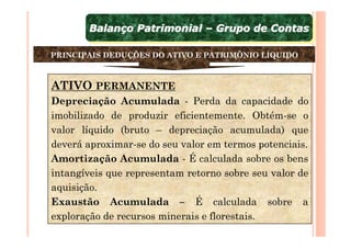 Balanço Patrimonial – Grupo de Contas
       Balanço Patrimonial – Grupo de Contas

PRINCIPAIS DEDUÇÕES DO ATIVO E PATRIMÔNIO LÍQUIDO



ATIVO PERMANENTE
Depreciação Acumulada - Perda da capacidade do
imobilizado de produzir eficientemente. Obtém-se o
valor líquido (bruto – depreciação acumulada) que
deverá aproximar-se do seu valor em termos potenciais.
Amortização Acumulada - É calculada sobre os bens
intangíveis que representam retorno sobre seu valor de
aquisição.
Exaustão Acumulada – É calculada sobre a
exploração de recursos minerais e florestais.
 