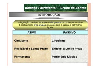 Balanço Patrimonial – Grupo de Contas
         Balanço Patrimonial – Grupo de Contas

                      INTRODUÇÃO:

  A legislação brasileira estabelece três grupos de contas para o ativo
   E praticamente três grupos de contas para o passivo e patrimônio
                                  líquido:

           ATIVO                                  PASSIVO

Circulante                           Circulante

Realizável a Longo Prazo             Exigível a Longo Prazo

Permanente                           Patrimônio Líquido
 