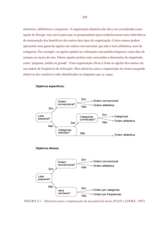 226



aleatórios, alfabéticos e categorias. A organização aleatória não deve ser considerada como
opção de Design, mas serviu para que os pesquisadores para estabelecessem uma linha básica
de mensuração dos benefícios dos outros dois tipos de organização. Certos menus podem
apresentar uma gama de opções em ordem convencional, que não é nem alfabética, nem de
categorias. Por exemplo, as opções podem ter ordenação com padrão temporal, como dias da
semana ou meses do ano. Outras opções podem estar associadas a dimensões de magnitude,
como ‘pequena, média ou grande’. Uma organização eficaz é listar as opções dos menus em
sua ordem de freqüência de utilização. Mais diretrizes para a organização de menus (segundo
objetivos dos usuários) estão identificadas no diagrama que se segue.




FIGURA 5.1 – Diretrizes para a organização de um painel de menu (PAAP e COOKE, 1997).
 