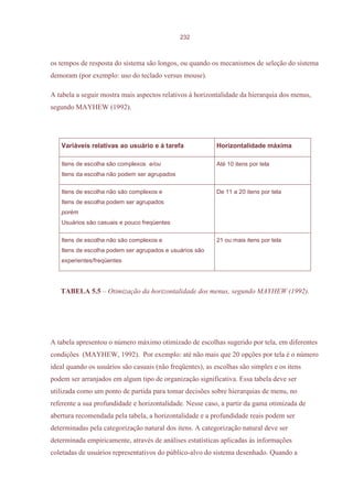 232



os tempos de resposta do sistema são longos, ou quando os mecanismos de seleção do sistema
demoram (por exemplo: uso do teclado versus mouse).

A tabela a seguir mostra mais aspectos relativos à horizontalidade da hierarquia dos menus,
segundo MAYHEW (1992).




   Variáveis relativas ao usuário e à tarefa               Horizontalidade máxima

   Itens de escolha são complexos e/ou                     Até 10 itens por tela
   Itens da escolha não podem ser agrupados

   Itens de escolha não são complexos e                    De 11 a 20 itens por tela
   Itens de escolha podem ser agrupados
   porém
   Usuários são casuais e pouco freqüentes

   Itens de escolha não são complexos e                    21 ou mais itens por tela
   Itens de escolha podem ser agrupados e usuários são
   experientes/freqüentes




   TABELA 5.5 – Otimização da horizontalidade dos menus, segundo MAYHEW (1992).




A tabela apresentou o número máximo otimizado de escolhas sugerido por tela, em diferentes
condições (MAYHEW, 1992). Por exemplo: até não mais que 20 opções por tela é o número
ideal quando os usuários são casuais (não freqüentes), as escolhas são simples e os itens
podem ser arranjados em algum tipo de organização significativa. Essa tabela deve ser
utilizada como um ponto de partida para tomar decisões sobre hierarquias de menu, no
referente a sua profundidade e horizontalidade. Nesse caso, a partir da gama otimizada de
abertura recomendada pela tabela, a horizontalidade e a profundidade reais podem ser
determinadas pela categorização natural dos itens. A categorização natural deve ser
determinada empiricamente, através de análises estatísticas aplicadas às informações
coletadas de usuários representativos do público-alvo do sistema desenhado. Quando a
 