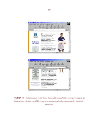 247




FIGURA 5.4 – As larguras do portal Senac Nacional foram definidas como porcentagens da
largura visível da tela, em HTML, o que o torna adaptável a diversas resoluções (aqui 640 x
                                       480 pixels).
 