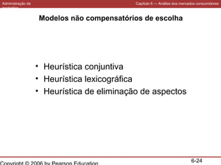 Administração de
marketing

Capítulo 6 — Análise dos mercados consumidores

Modelos não compensatórios de escolha

• Heurística conjuntiva
• Heurística lexicográfica
• Heurística de eliminação de aspectos

6-24

 