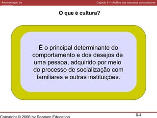 Administração de
marketing

Capítulo 6 — Análise dos mercados consumidores

O que é cultura?

É o principal determinante do
comportamento e dos desejos de
uma pessoa, adquirido por meio
do processo de socialização com
familiares e outras instituições.

6-4

 