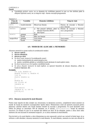 CAPITOLUL 6
Funcţii


Variabilele globale statice au ca domeniu de vizibilitate punctul în care au fost definite până la
sfârşitul fişierului sursă, iar ca timp de viaţă - durata execuţiei programului.

Tabelul 6.1.
Clasa de
memorare

Variabila

Domeniu vizibilitate

auto
(register)
extern

locală (internă)

Blocul sau funcţia

globală



static

globală
locală
globală
locală

nespecificat

Din punctul definirii, până la
sfârşitul fişierului (ROF)
 Alte fişiere
ROF
Bloc sau funcţie
Vezi extern
Vezi auto

Timp de viaţă
Durara de execuţie a blocului
sau a funcţiei
Durara de execuţie a blocului
sau a programului
-"-"Vezi extern
Vezi auto

6.9. MODURI DE ALOCARE A MEMORIEI
Alocarea memoriei se poate realiza în următoarele moduri:
 alocare statică;
 alocare dinamică;
 alocare pe stivă.
 Se alocă static memorie în următoarele cazuri:
 pentru instrucţiunile de control propriu-zise;
 pentru variabilele globale şi variabilele locale declarate în mod explicit static.
 Se alocă memorie pe stivă pentru variabilele locale.
 Se aloca dinamic memorie în mod explicit, cu ajutorul funcţiilor de alocare dinamica, aflate în
headerul <alloc.h>.
Exemplu:
int a,b; double x;
double f1(int c, double v)
{int b;
static double z;
}
double w;
int f1(int w)
{double a;
}
void main()
{double b, c; int k;
b=f1(k,c);
}

6.9.1. Alocarea memoriei în mod dinamic
Pentru toate tipurile de date (simple sau structurate), la declararea acestora, compilatorul alocă automat un
număr de locaţii de memorie (corespunzător tipului datei). Dimensiunea zonei de memorie necesară pentru
păstrarea valorilor datelor este fixată înaintea lansării în execuţie a programului. În cazul declarării unui
tablou de întregi cu maximum 100 de elemente vor fi alocaţi 100*sizeof(int) locaţii de memorie
succesive. În situaţia în care la un moment dat tabloul are doar 20 de elemente, pentru a aloca doar atâta
memorie cât este necesară în momentul respectiv, se va aloca memorie în mod dinamic.
Este de dorit ca în cazul datelor a căror dimensiune nu este cunoscută a priori sau variază în limite largi, să se
utilizeze o altă abordare: alocarea memoriei în mod dinamic. În mod dinamic, memoria nu mai este alocată în
92

 