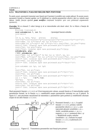 CAPITOLUL 6
Funcţii

6.3.2. TRANSFERUL PARAMETRILOR PRIN POINTERI
În unele cazuri, parametrii transmişi unei funcţii pot fi pointeri (variabile care conţin adrese). În aceste cazuri,
parametrii formali ai funcţiei apelate vor fi iniţializaţi cu valorile parametrilor efectivi, deci cu valorile unor
adrese. Astfel, funcţia apelată poate modifica conţinutul locaţiilor spre care pointează argumentele
(pointerii).
Exerciţiu: Să se citească 2 valori întregi şi să se interschimbe cele două valori. Se va folosi o funcţie de
interschimbare.
#include <iostream.h>
void schimbă(int *, int *);
//prototipul functiei schimba
void main()
{
int x, y, *ptx, *pty;
ptx=&x;
pty=&y;
cout<<”x=”;cin>>x;cout<<”y=”;cin>>y;cout<<”x=”<<x;cout<<”y=”<<y<<’n’;
cout<<"Adr. lui x:"<<&x<<" Val lui x:"<<x<<'n';
cout<<"Adr.lui y:"<<&y<<" Val y:"<<y<<'n'; cout<<"Val. lui ptx:"<<ptx;
cout<<" Cont. locaţiei spre care pointează ptx:”<<*ptx<<'n';
cout<<"Val. lui pty:"<<pty;
cout<<"Cont. locaţiei spre care pointează pty:"<<*pty;
schimba(ptx, pty);
// SAU: schimba(&x, &y);
cout<<"Adr. lui x:"<<&x<<" %x Val lui x: %dn”, &x, x);
cout<<"Adr. y:"<<&y<<" Val lui y:"<<y<<'n';cout<<"Val. lui ptx:"<<ptx;
cout<<" Cont. locaţiei spre care pointează ptx:”<<*ptx<<'n';
cout<<"Val. lui pty:"<<pty;
cout<<" Cont. locaţiei spre care pointează pty:"<<*pty<<'n';
}
void schimbă( int *p1, int *p2)
{
cout<<"Val. lui p1:"<<p1;
cout<<" Cont. locaţiei spre care pointează p1:"<<*p1<<'n';
cout<<"Val. lui p2:"<<p2;
cout<<" Cont. locaţiei spre care pointează p2:"<<*p2<<'n';
int t = *p1;
// int *t ; t=p1;
*p2=*p1;
*p1=t;
cout<<"Val. lui p1:"<<p1;
cout<<" Cont. locaţiei spre care pointează p1:”<<*p1<<'n';
cout<<"Val. lui p2:"<<p2;
cout<<" Cont. locaţiei spre care pointează p2:"<<*p2<<'n';
}

Dacă parametrii funcţiei schimbă ar fi fost transmişi prin valoare, această funcţie ar fi interschimbat copiile
parametrilor formali, iar în funcţia main modificările asupra parametrilor transmişi nu s-ar fi păstrat. În
figura 6.2. sunt prezentate mecanismul de transmitere a parametrilor (prin pointeri) şi modificările efectuate
asupra lor de către funcţia schimbă.

x
0x34
ptx

10

30

y

0x5A 30

pty

0x34

0x5A

p1

p2

0x34

10

Parametrii formali p1 şi p2, la apelul
funcţiei schimbă, primesc valorile
parametrilor efectivi ptx şi pty, care
reprezintă adresele variabilelor x şi y.
Astfel, variabilele pointer p1 şi ptx,
respectiv p2 şi pty pointează către x şi
y. Modificările asupra valorilor
variabilelor x şi y realizate în corpul
funcţiei schimbă, se păstrează şi în
funcţia main.

0x5A
Figura 6.2. Transmiterea parametrilor unei funcţii prin pointeri
76

 
