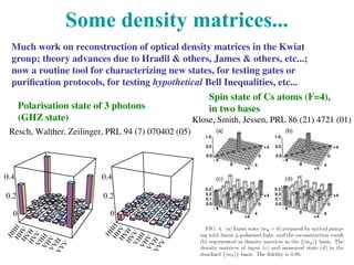 Some density matrices...
Resch, Walther, Zeilinger, PRL 94 (7) 070402 (05)
Klose, Smith, Jessen, PRL 86 (21) 4721 (01)
Polarisation state of 3 photons
(GHZ state)
Spin state of Cs atoms (F=4),
in two bases
Much work on reconstruction of optical density matrices in the Kwiat
group; theory advances due to Hradil & others, James & others, etc...;
now a routine tool for characterizing new states, for testing gates or
purification protocols, for testing hypothetical Bell Inequalities, etc...
 
