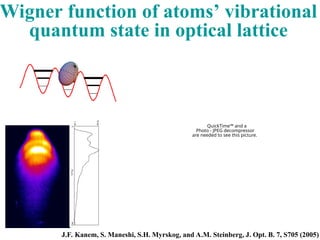 QuickTime™ and a
Photo - JPEG decompressor
are needed to see this picture.
Wigner function of atoms’ vibrational
quantum state in optical lattice
J.F. Kanem, S. Maneshi, S.H. Myrskog, and A.M. Steinberg, J. Opt. B. 7, S705 (2005)
 