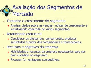 Avaliação dos Segmentos de
     Mercado
Tamanho e crescimento do segmento
   Analisar dados sobre as vendas, índices de crescimento e
    lucratividade esperada de vários segmentos.
Atratividade estrutural
   Considerar os efeitos de: concorrentes, produtos
    substitutos e poder dos compradores e fornecedores.
Recursos e objetivos da empresa
   Habilidades e recursos da empresa necessários para ser
    bem sucedido no segmento.
   Procurar for vantagens competitivas.
                                                          12
 