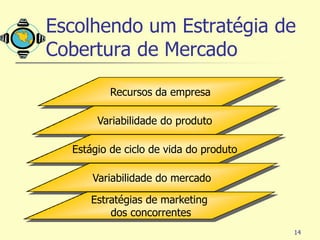 Escolhendo um Estratégia de
Cobertura de Mercado

          Recursos da empresa

       Variabilidade do produto

  Estágio de ciclo de vida do produto

      Variabilidade do mercado

     Estratégias de marketing
         dos concorrentes
                                        14
 