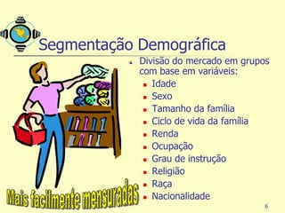 Segmentação Demográfica
            Divisão do mercado em grupos
            com base em variáveis:
              Idade

              Sexo

              Tamanho da família

              Ciclo de vida da família

              Renda

              Ocupação

              Grau de instrução

              Religião

              Raça

              Nacionalidade
                                       6
 