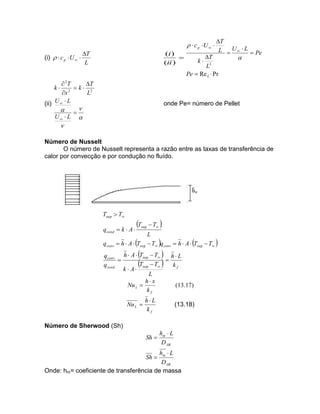 (i)   c p  U  

  c p U  

T
L

(i )

(ii )

 2T
T
k 2
2
x
L
(ii) U   L
 
U  L 

T
L  U   L  Pe

T
L2
Pe  Re L  Pr
k



k

onde Pe= número de Pellet


Número de Nusselt
O número de Nusselt representa a razão entre as taxas de transferência de
calor por convecção e por condução no fluído.

Tsup  T
q cond  k  A 
q conv

T

sup

 T 

L
 h  A  Tsup  T qconv  h  A  Tsup  T 

q conv h  A  Tsup  T  h  L

Tsup  T   k f
q cond
k  A
L
h x
Nu x 
(13.17)
kf
Nu L 

hL
kf

Número de Sherwood (Sh)

Sh 

(13.18)

hm  L
D AB

hm  L
D AB
Onde: hm= coeficiente de transferência de massa
Sh 

 