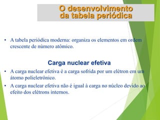 • A tabela periódica moderna: organiza os elementos em ordem
crescente de número atômico.
Carga nuclear efetiva
• A carga nuclear efetiva é a carga sofrida por um elétron em um
átomo polieletrônico.
• A carga nuclear efetiva não é igual à carga no núcleo devido ao
efeito dos elétrons internos.
O desenvolvimento
da tabela periódica
 