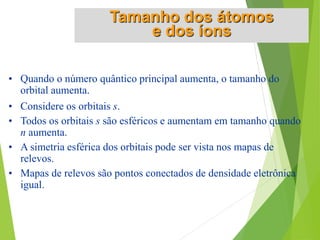 • Quando o número quântico principal aumenta, o tamanho do
orbital aumenta.
• Considere os orbitais s.
• Todos os orbitais s são esféricos e aumentam em tamanho quando
n aumenta.
• A simetria esférica dos orbitais pode ser vista nos mapas de
relevos.
• Mapas de relevos são pontos conectados de densidade eletrônica
igual.
Tamanho dos átomos
e dos íons
 