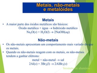 Metais
• A maior parte dos óxidos metálicos são básicos:
Óxido metálico + água  hidróxido metálico
Na2O(s) + H2O(l)  2NaOH(aq)
Não-metais
• Os não-metais apresentam um comportamento mais variado do que
os metais.
• Quando os não-metais reagem com os metais, os não-metais
tendem a ganhar elétrons:
metal + não-metal  sal
2Al(s) + 3Br2(l)  2AlBr3(s)
Metais, não-metais
e metalóides
brometo de alumínio
 