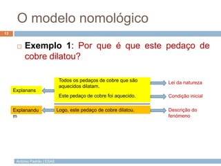 O modelo nomológico
13


         Exemplo 1: Por que é que este pedaço de
          cobre dilatou?

                     ...