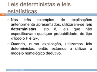 Leis deterministas e leis
19
     estatísticas
        Nos     três   exemplos    de      explicações
         anteriormente apresentados, utilizaram-se leis
         deterministas, isto é, leis que não
         especificavam qualquer probabilidade, do tipo
         «Todo o F é G».
        Quando, numa explicação, utilizamos leis
         deterministas, então estamos a utilizar o
         modelo nomológico dedutivo.



     António Padrão | ESAS
 