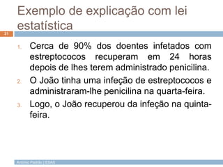 Exemplo de explicação com lei
21
     estatística
     1.     Cerca de 90% dos doentes infetados com
            estreptoc...