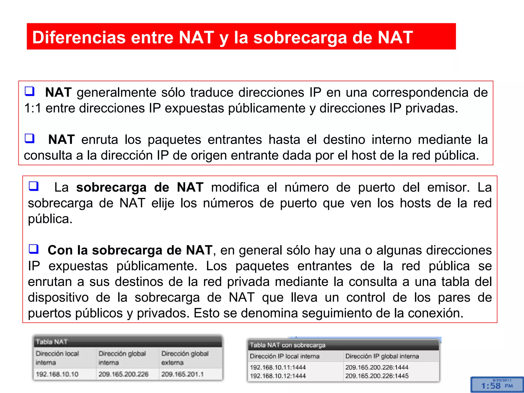 Diferencias entre NAT y la sobrecarga de NAT NAT  generalmente sólo traduce direcciones IP en una correspondencia de 1:1 entre direcciones IP expuestas públicamente y direcciones IP privadas. NAT  enruta los paquetes entrantes hasta el destino interno mediante la consulta a la dirección IP de origen entrante dada por el host de la red pública.  La  sobrecarga de NAT  modifica el número de puerto del emisor. La sobrecarga de NAT elije los números de puerto que ven los hosts de la red pública. Con la sobrecarga de NAT , en general sólo hay una o algunas direcciones IP expuestas públicamente. Los paquetes entrantes de la red pública se enrutan a sus destinos de la red privada mediante la consulta a una tabla del dispositivo de la sobrecarga de NAT que lleva un control de los pares de puertos públicos y privados. Esto se denomina seguimiento de la conexión. 