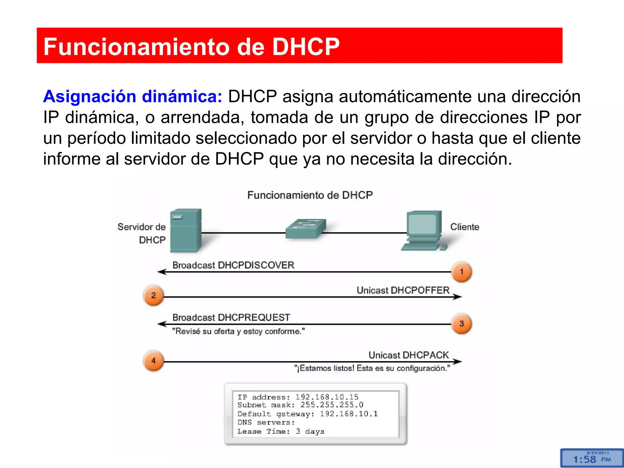 Funcionamiento de DHCP Asignación dinámica:  DHCP asigna automáticamente una dirección IP dinámica, o arrendada, tomada de un grupo de direcciones IP por un período limitado seleccionado por el servidor o hasta que el cliente informe al servidor de DHCP que ya no necesita la dirección.  