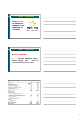 Exercício 1 (Suplementar)



 Identifique, com base
 nas Demonstrações
 Contábeis da NATURA
 do exercício de 2007
 (Controladora):




            Exercício 1 (Suplementar)



No BALANÇO PATRIMONIAL:


R$ ______ (mil) estão aplicados em dinheiro e
depósitos    bancários   (Caixa   e   Bancos   ou
Disponibilidades) à disposição da empresa:




                                                    4
 