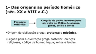 1- Das origens ao período homérico
(séc. XX a VIII a.C.)
 Origem da civilização grega: cretense e micênica.
 Legado para a civilização grega posterior: crenças
religiosas; código de honra; língua; mitos e lendas.
Península
Balcânica
Chegada de povos indo-europeus
por volta de 2500 a.C.: aqueus,
jônios, eólios e dórios
 