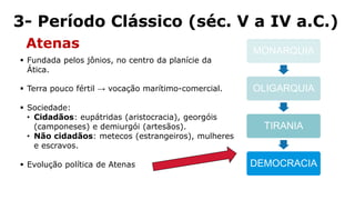 Atenas
 Fundada pelos jônios, no centro da planície da
Ática.
 Terra pouco fértil → vocação marítimo-comercial.
 Sociedade:
• Cidadãos: eupátridas (aristocracia), georgóis
(camponeses) e demiurgói (artesãos).
• Não cidadãos: metecos (estrangeiros), mulheres
e escravos.
 Evolução política de Atenas
MONARQUIA
OLIGARQUIA
TIRANIA
DEMOCRACIA
3- Período Clássico (séc. V a IV a.C.)
 