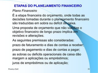 Prentice Hall 28
ETAPAS DO PLANEJAMENTO FINANCEIRO
Plano Financeiro
É a etapa financeira do orçamento, onde todas as
decisões tomadas durante o planejamento financeiro
são traduzidas em sobra ou deficit de caixa.
Uma proposta de orçamento que não viabilize o
objetivo financeiro de longo prazo implica em
revisões e alterações.
As seguintes premissas são consideradas:
prazo de faturamento e dias de contas a receber;
prazo de pagamento e dias de contas a pagar;
as sobras ou deficits operacionais de caixa dão
margem a aplicações ou empréstimos;
juros de empréstimos ou de aplicação;
 