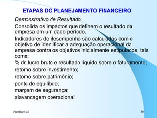 Prentice Hall 30
ETAPAS DO PLANEJAMENTO FINANCEIRO
Demonstrativo de Resultado
Consolida os impactos que definem o resultado da
empresa em um dado período.
Indicadores de desempenho são calculados com o
objetivo de identificar a adequação operacional da
empresa contra os objetivos inicialmente estipulados, tais
como:
% de lucro bruto e resultado líquido sobre o faturamento;
retorno sobre investimento;
retorno sobre patrimônio;
ponto de equilíbrio;
margem de segurança;
alavancagem operacional
 
