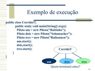 Exemplo de execução
public class CorridaT{
       public static void main(String[] args){
        Piloto um = new Piloto("Rubinho");
        Piloto dois = new Piloto("Schumacher");
        Piloto tres = new Piloto(”Raikonnen");
        um.start();
        dois.start();
        tres.start();                   CorridaT
     }
}
                             um         dois         tres
                               Quem terminará antes?
                                                            47
 
