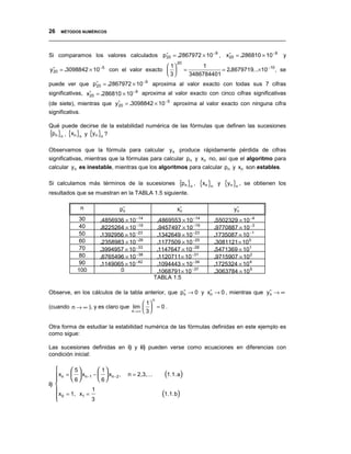 26 MÉTODOS NUMÉRICOS
__________________________________________________________________________________


Si comparamos los valores calculados p∗ = .2867972 × 10 −9 , x∗ = .286810 × 10 −9
                                      20                      20                                                     y
                                                                    20
                                           1                                    1
y∗ = .3098842 × 10 −5 con el valor exacto                               =              = 2.8679719...×10 −10 , se
 20
                                           3                                3486784401
puede ver que p∗ = .2867972 × 10 −9 aproxima al valor exacto con todas sus 7 cifras
               20
significativas, x∗ = .286810 × 10 −9 aproxima al valor exacto con cinco cifras significativas
                 20

(de siete), mientras que y∗ = .3098842 × 10 −5 aproxima al valor exacto con ninguna cifra
                          20
significativa.

Qué puede decirse de la estabilidad numérica de las fórmulas que definen las sucesiones
{pn }n , {xn }n y {yn }n ?
Observamos que la fórmula para calcular y n produce rápidamente pérdida de cifras
significativas, mientras que la fórmulas para calcular pn y xn no, así que el algoritmo para
calcular y n es inestable, mientras que los algoritmos para calcular pn y xn son estables.

Si calculamos más términos de la sucesiones                          {pn }n , {xn }n    y   {yn }n ,   se obtienen los
resultados que se muestran en la TABLA 1.5 siguiente.

                  n                     p∗
                                         n                          x∗
                                                                     n                          y∗
                                                                                                 n

                 30          .4856936 × 10 −14              .4869553 × 10 −14          .5502329 × 10 −4
                 40          .8225264 × 10 −19              .9457497 × 10 −19          .9770887 × 10 −3
                 50          .1392956 × 10 −23              .1342649 × 10 −23          .1735087 × 10 −1
                 60          .2358983 × 10 −28              .1177509 × 10 −25          .3081121 × 10 0
                 70          .3994957 × 10 −33              .1147647 × 10 −28          .5471369 × 101
                 80          .6765496 × 10 −38              .1120711 × 10 −31          .9715907 × 10 2
                 90          .1149065 × 10 −42              .1094443 × 10 −34          .1725324 × 10 4
                100                 0                       .1068791 × 10 −37          .3063784 × 10 5
                                                           TABLA 1.5

Observe, en los cálculos de la tabla anterior, que p∗ → 0 y x∗ → 0 , mientras que y∗ → ∞
                                                    n        n                     n
                                                       n
                                     1
(cuando n → ∞ ), y es claro que lim   = 0 .
                                n→∞  3 



Otra forma de estudiar la estabilidad numérica de las fórmulas definidas en este ejemplo es
como sigue:

Las sucesiones definidas en i) y ii) pueden verse como ecuaciones en diferencias con
condición inicial:

           5            1
    x n =  6  x n −1 −  6  x n − 2 ,
                         
                                             n = 2,3,...       (1.1. a)
   
i) 
   x = 1, x = 1                                              (1.1.b)
    0
   
                 1
                       3
 