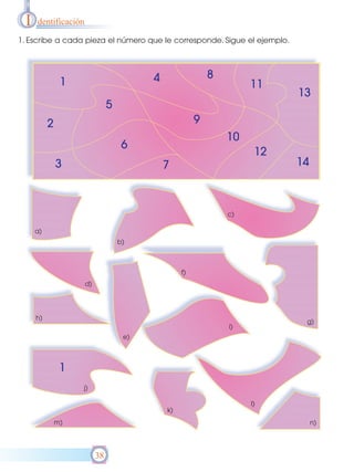 I   dentificación

1. Escribe a cada pieza el número que le corresponde. Sigue el ejemplo.




                                         4                 8
               1                                                    11
                                                                          13
                               5
          2                                            9
                                                               10
                                    6
                                                                     12
              3                              7                            14



                                                               c)

     a)
                                   b)



                                                  f)
                     d)




     h)
                                                                           g)
                                                               i)
                                    e)




               1
                   j)

                                                                    l)
                                             k)
              m)                                                               n)




                          38
 